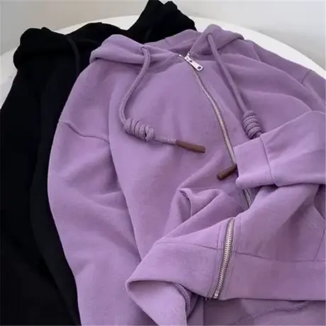 浅紫色抽绳拉链连帽卫衣女2023春秋加厚棉设计感绳子宽松外套上衣商品大图