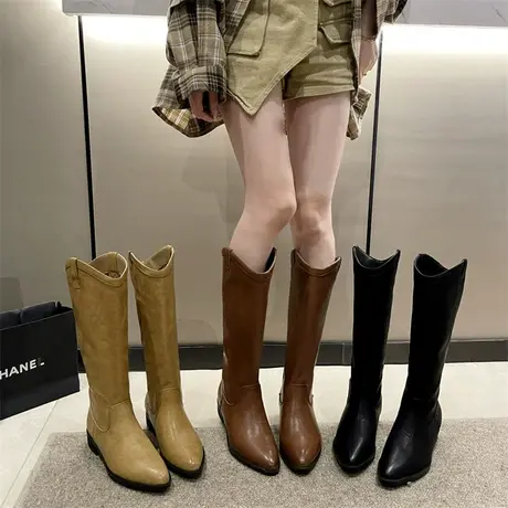 长筒靴女2023年新款春秋季法式复古粗腿西部牛仔靴粗跟尖头骑士靴商品大图