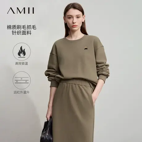 Amii2025秋新款轻运动风小熊刺绣落肩袖抓毛卫衣女宽松休闲上衣图片
