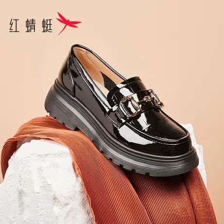 红蜻蜓乐福鞋女秋季时尚厚底女鞋复古英伦增高单鞋一脚蹬休闲鞋商品大图