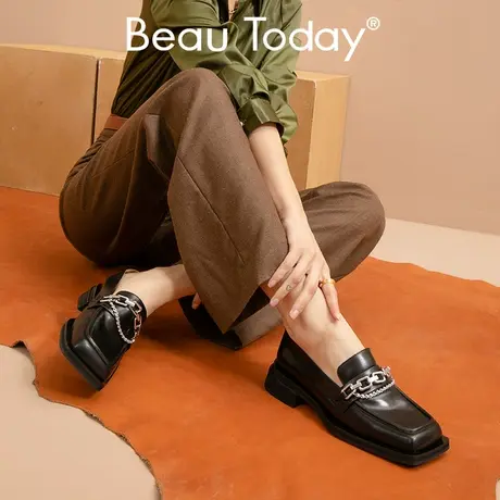 BeauToday方头乐福鞋女2022春季新款小皮鞋女英伦风单鞋真皮BT商品大图
