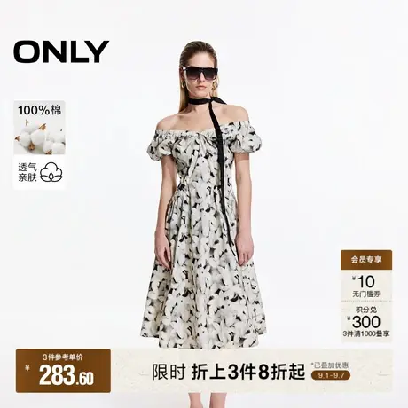 ONLY2025秋季新款淑女花卉印花泡泡袖大V领口袋中长款连衣裙女图片