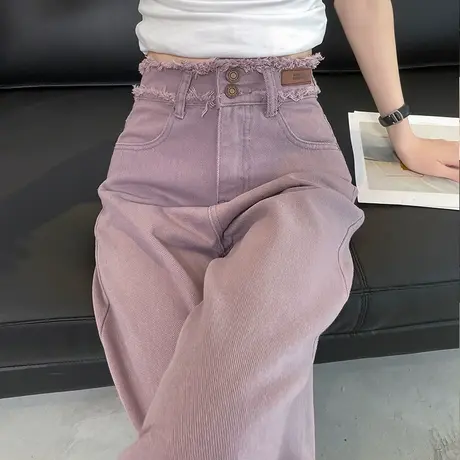 紫色阔腿牛仔裤女春秋新款高腰窄版直筒宽松显瘦毛边小众拖地裤潮商品大图