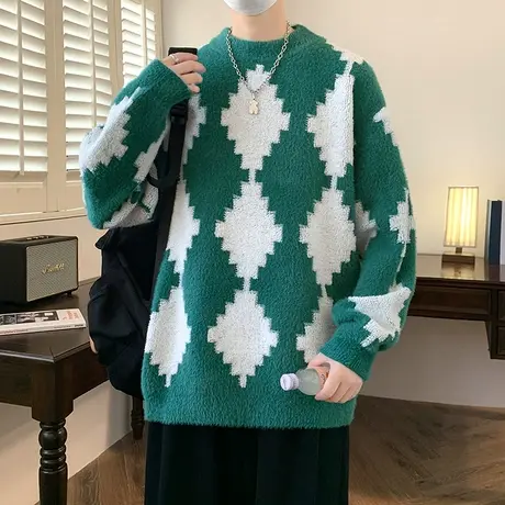 圆领毛衣男秋冬季加厚保暖软糯慵懒风针织衫潮牌菱形格套头毛线衣商品大图
