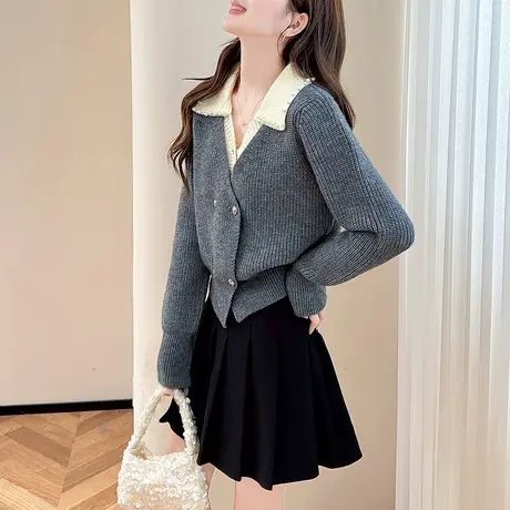 唐狮秋冬翻领假两件设计双排扣开衫女针织外套春秋高级感毛衣tu图片