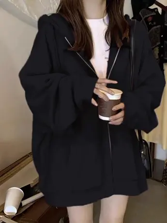 开衫卫衣外套女秋冬加绒加厚oversize慵懒风高级感连帽宽松上衣潮商品大图