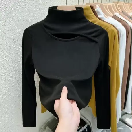 德绒磨毛镂空长袖T恤女秋冬季韩版加绒保暖内搭半高领打底衫上衣商品大图