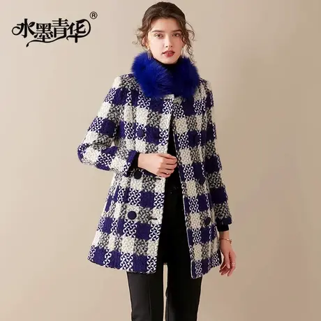 水墨青华2023冬季新款时尚大气百搭毛呢外套中长款格子羊毛大衣女商品大图