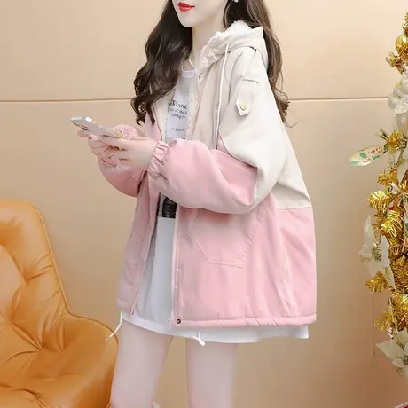 加绒加厚连帽工装外套女2023新款秋冬季爆款洋气宽松慵懒风派克服图片