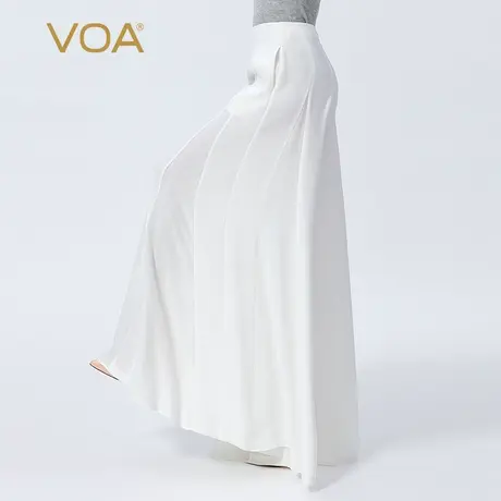 VOA100%桑蚕丝30姆米重磅真丝白色自然腰褶皱撞料拼接真丝阔腿裤图片