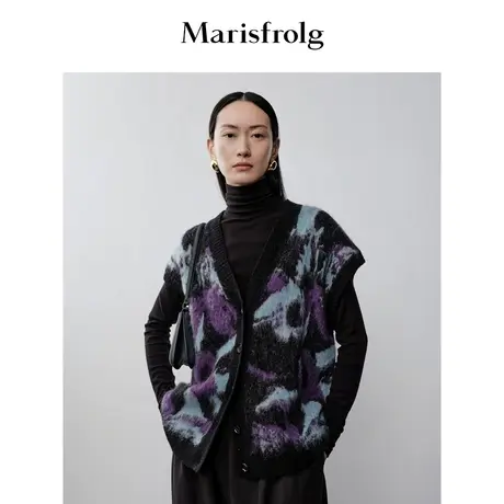 【商场同款】玛丝菲尔冬季新款绵羊毛撞色印花无袖针织开衫商品大图