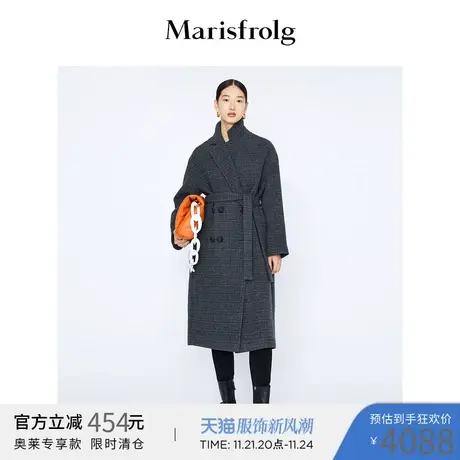 【100%羊毛】玛丝菲尔纯羊毛毛呢外套女冬季新格子灰色呢子大衣商品大图