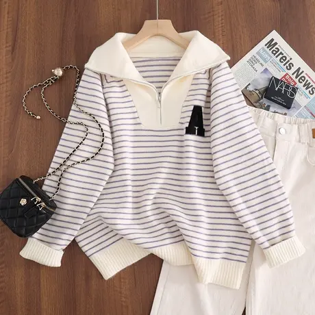 2023秋冬新款韩版宽松条纹长袖套头针织衫女士百搭上衣毛衣打底衫图片