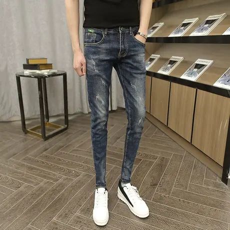 秋季新款潮牌时尚牛仔裤潮男修身小脚裤猫须型韩版个性百搭长裤子图片