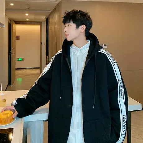 连帽卫衣外套男秋冬季港风宽松休闲上衣美式潮流条纹开衫夹克加绒商品大图