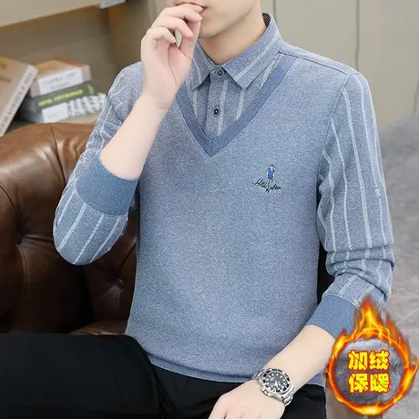 男士长袖针织t恤加绒加厚假两件衬衫领秋冬季休闲保暖毛衣打底衫商品大图
