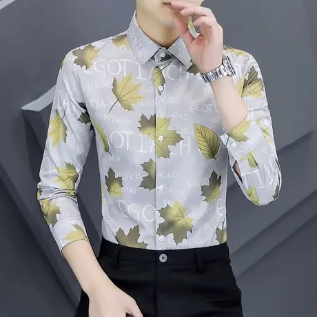 时尚印花衬衫男士长袖免烫发型师帅气衬衣潮流修身春秋季寸衫上衣商品大图