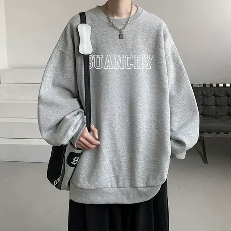 长袖t恤男春秋季新款港风大码宽松打底衫青少年字母印花圆领卫衣商品大图