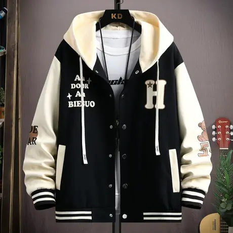 棒球服男春秋季新款美式宽松拼接休闲外套青少年潮牌印花连帽夹克商品大图