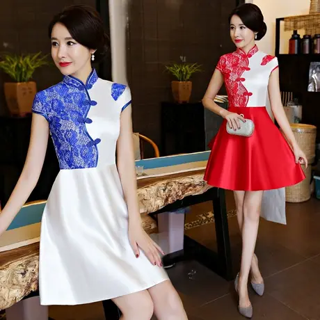 旗袍演出服2023新款时尚走秀中老年宴会礼仪舞台旗袍短款旗袍裙图片