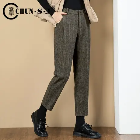 毛呢裤子女秋冬2023新款大码格子西装裤休闲九分哈伦裤羊毛呢女裤图片