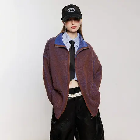 复古拼色条纹毛衣女秋冬2023年新款潮牌开衫外套设计感宽松针织衫商品大图