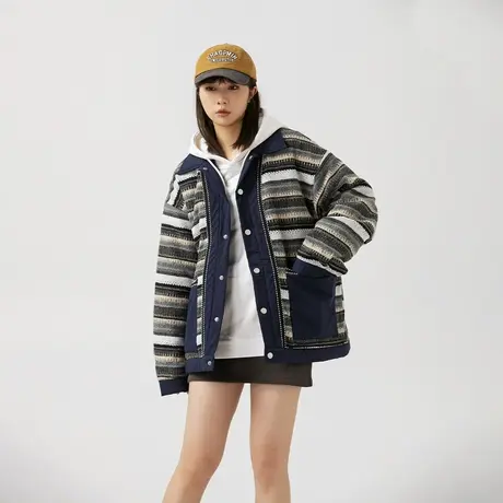 设计感国潮条纹拼接棉服女冬季加厚外套2023新款复古宽松保暖棉衣商品大图