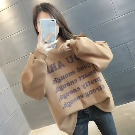 慵懒风字母印花卫衣女加绒加厚2023新款韩版秋冬季宽松保暖外套潮商品大图