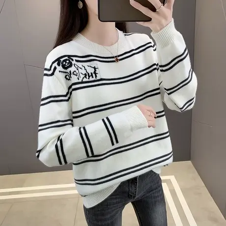 春秋季2023新款低圆领针织衫条纹毛衣休闲百搭洋气打底衫套头上衣图片