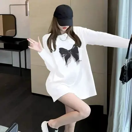 白色纯棉蝴蝶长袖打底衫女2023秋冬新款宽松中长款洋气T恤上衣潮商品大图