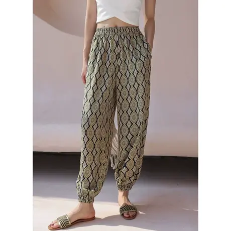 弥古波西米亚灯笼裤夏季薄款女小个子防晒花裤子束脚雪纺防蚊长裤商品大图