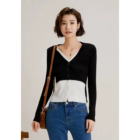 弥古假两件v领针织衫女2023新款秋季设计感小众法式撞色显瘦上衣图片