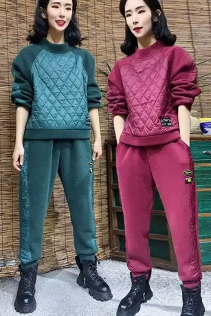 加绒加厚休闲卫衣套装女2023年秋冬新款女装气质显瘦拼棉两件套潮图片