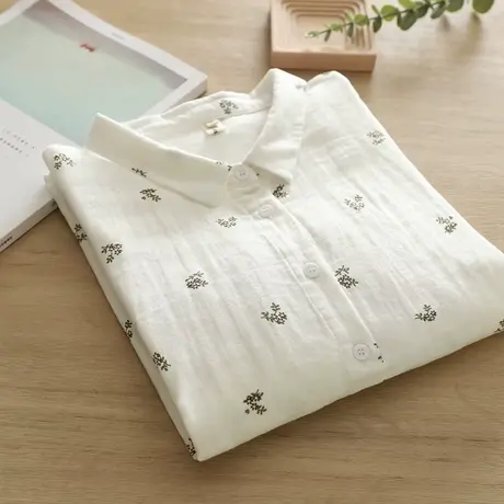 夏季韩版小清新减龄碎花双层棉纱七分袖衬衫女宽松休闲中袖上衣薄商品大图