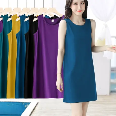 直筒连衣裙女春夏新款中长款微胖遮肚肉显瘦小个子无袖宽肩背心裙商品大图