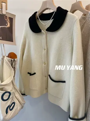 厚厚软软！娃娃领加厚香香羊毛外套 气质显瘦撞色开衫秋冬上衣女商品大图