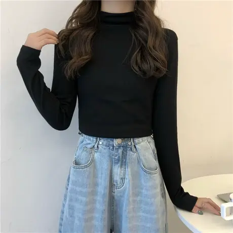 2023春秋洋气百搭内搭半高领黑色长袖t恤上衣秋冬加绒打底衫女装图片