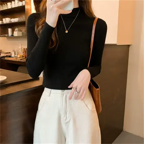 2024年新款春秋冬季半高领加绒德绒洋气打底衫内搭白色长袖t恤女商品大图