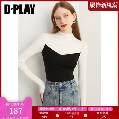DPLAY春法式气质设计感黑白拼色上衣软糯亲肤半高领针织衫商品大图
