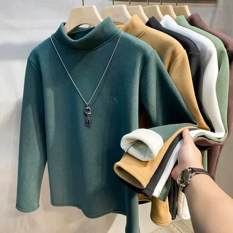 新款秋冬装半高领针织衫男士长袖T恤中领打底衫加绒加厚潮流卫衣商品大图