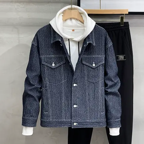 轻奢潮流秋季提花编织肌理牛仔衬衫男秋季宽松痞帅牛仔夹克男外套商品大图