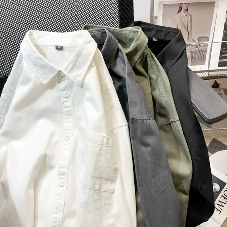 日系纯色衬衫男女高级感春夏季外穿痞帅打底叠穿长袖衬衣翻领ins商品大图