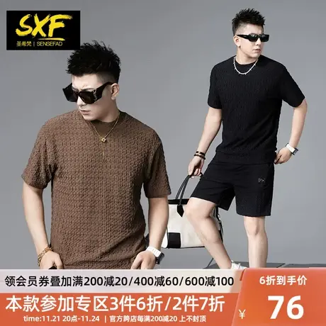 SXF圣希梵男士t恤 华夫格肌理上衣服 2024夏季新款纯色短袖男潮流商品大图