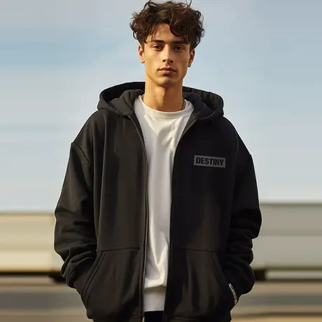 2024早春秋新款字母加绒外套胖子男装拉链连帽加肥加大码开衫卫衣图片