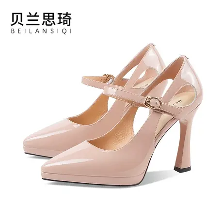 真皮镂空一字带防水台高跟鞋女2023春夏季新款尖头厚底细跟单鞋图片