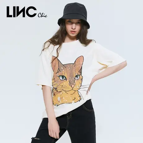 LINCCHIC金羽杰T恤女萌宠印花宽松短袖女t恤夏上衣女S212TS432图片