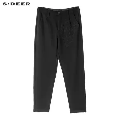 sdeer圣迪奥女装秋装休闲纯黑斜插袋人像绣花长裤S18380867商品大图