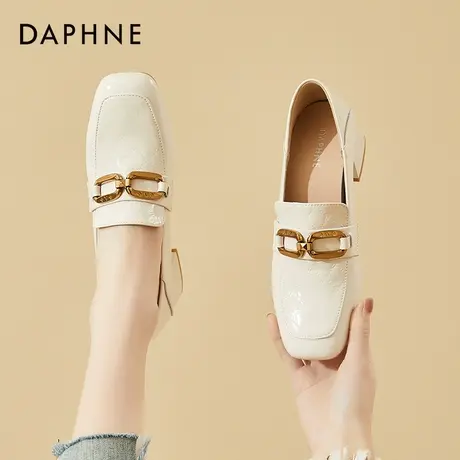 达芙妮单鞋2022春季新款韩版粗跟百搭一脚蹬英伦风方头乐福鞋女图片