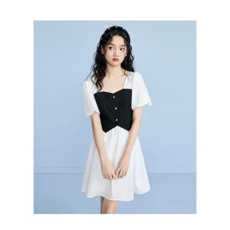 乐町提花拼接连衣裙休闲春夏新款女装通勤短款衬衫白色裙子图片