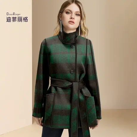 迪菲丽格欧货大牌格纹毛呢外套女2023年新款冬季复古收腰呢子大衣图片